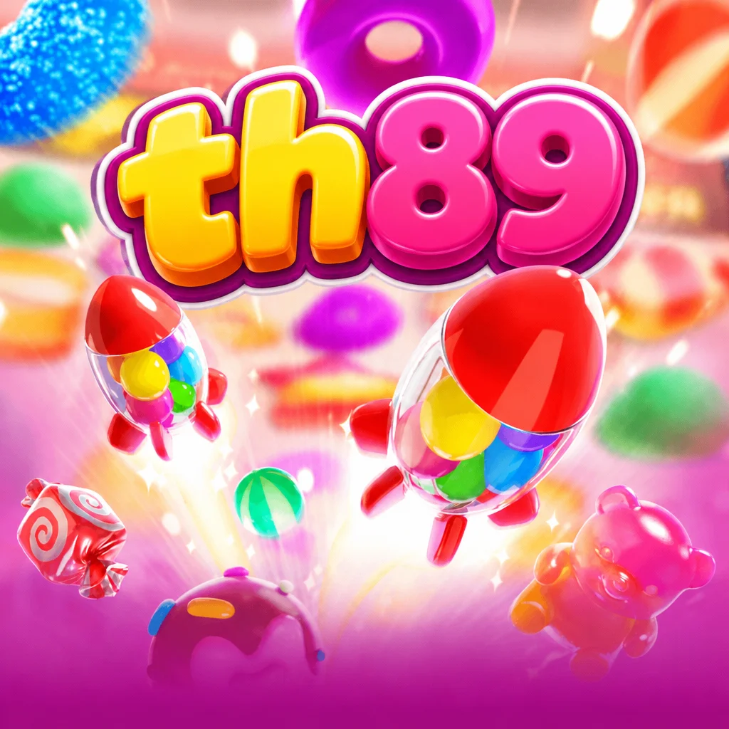 th89 ภาพกราฟิกธีมลูกกวาดและจรวดแคปซูลหลากสีในเกม Candy Burst